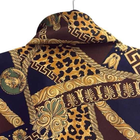 Vintage 80’s Baroque Animal Print Scarf Blouse Gold & Navy Opulent Abstract 14 - Picture 13 of 14